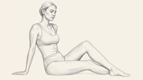 Graphite sketch of a woman seated on the floor, leaning back on one hand, legs extended