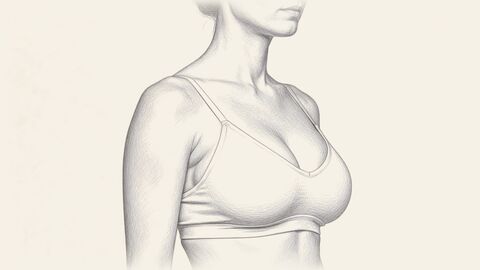 Graphite sketch of a woman's torso in a soft bralette, three-quarter view