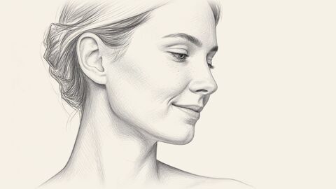 Graphite sketch of a woman's profile, smiling softly, showing the line of the jaw and neck