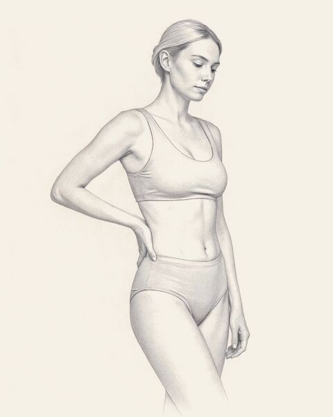 Graphite sketch of a woman standing in a sports top and briefs, one hand on her hip