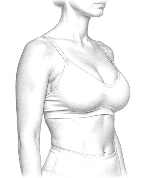 Graphite sketch of a woman in an athletic top, chin to waist