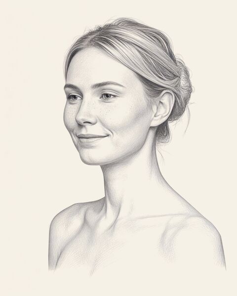 Graphite sketch of a woman in three-quarter view, jawline and neck to the collarbones