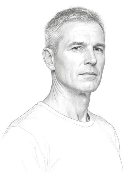 Graphite sketch of a man in a crew-neck shirt, three-quarter view