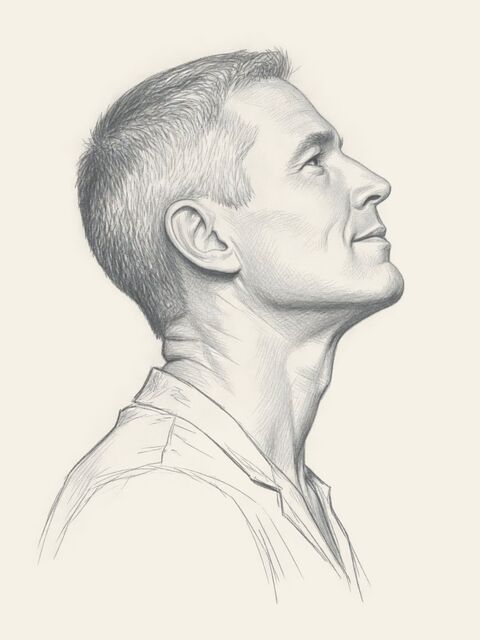 Graphite profile sketch of a man with a strong, well-projected chin and jawline