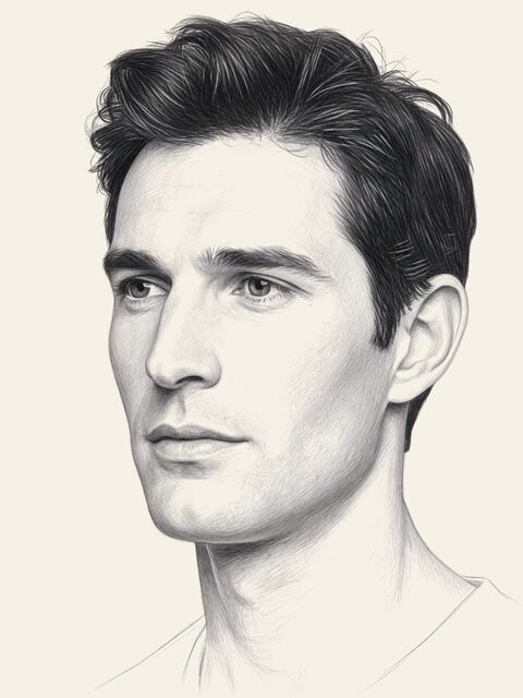 Graphite sketch of a man in three-quarter view with a straight, well-defined nose