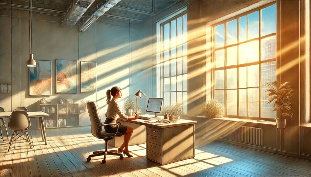 A woman in an office exposed to UV light through the windows